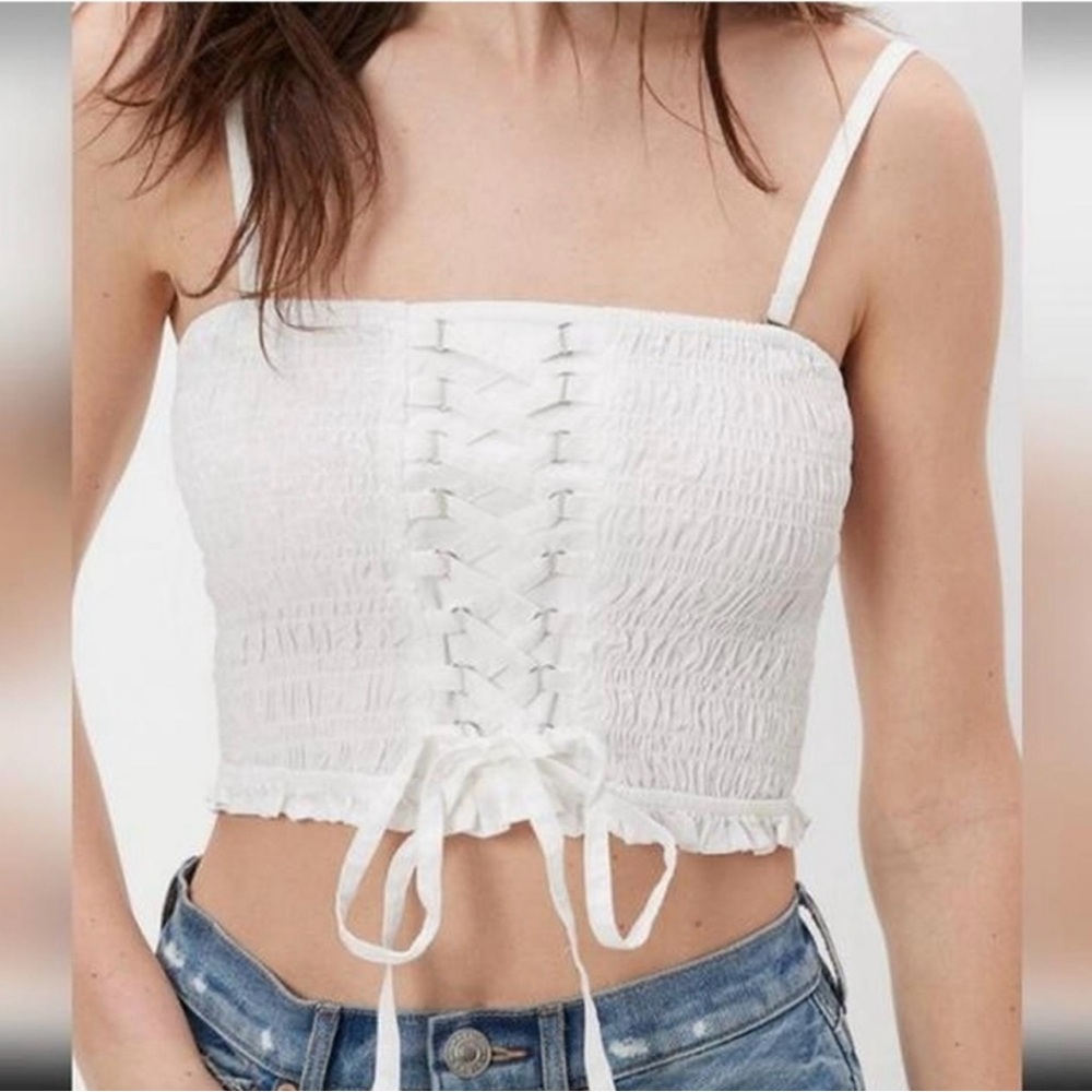 American Eagle Smocked Lace-Up Cropped Tank Top - White - Medium